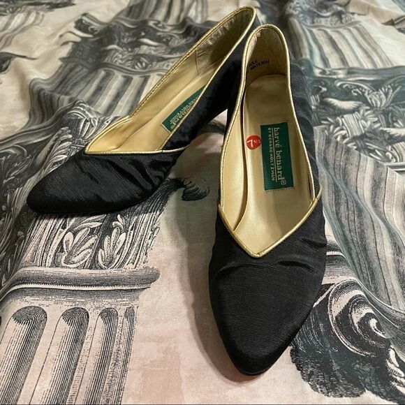 Vintage Harvé Benard black with gold trim Grosgrain Pumps size 7.5 NWOT - Picture 3 of 7